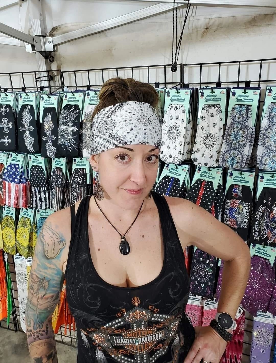 Biker lifestyle portrait wearing Marie's skull collection.